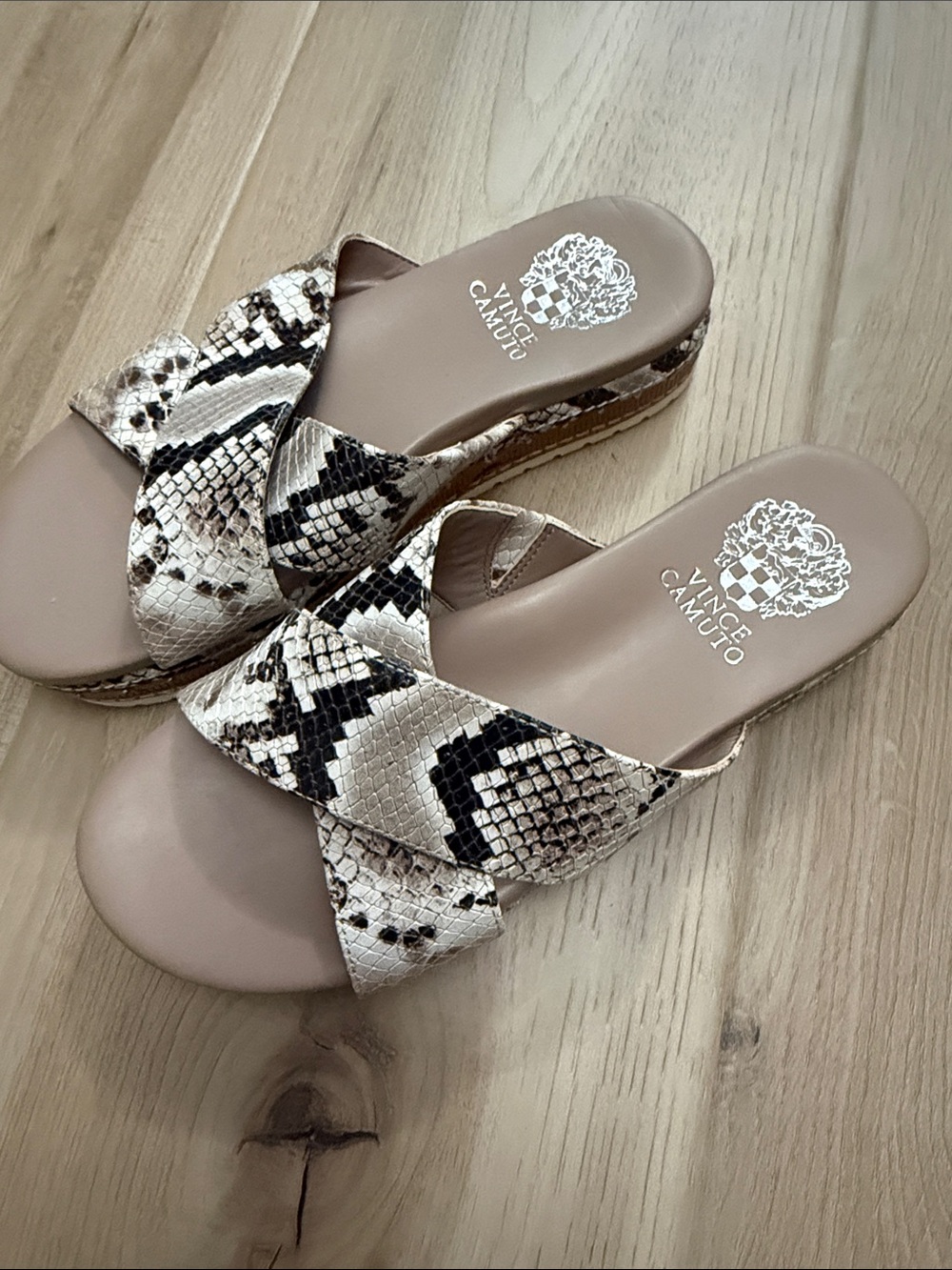 Vince Camuto Taupe and Black Snake-Print Crisscross Slide Sandals
